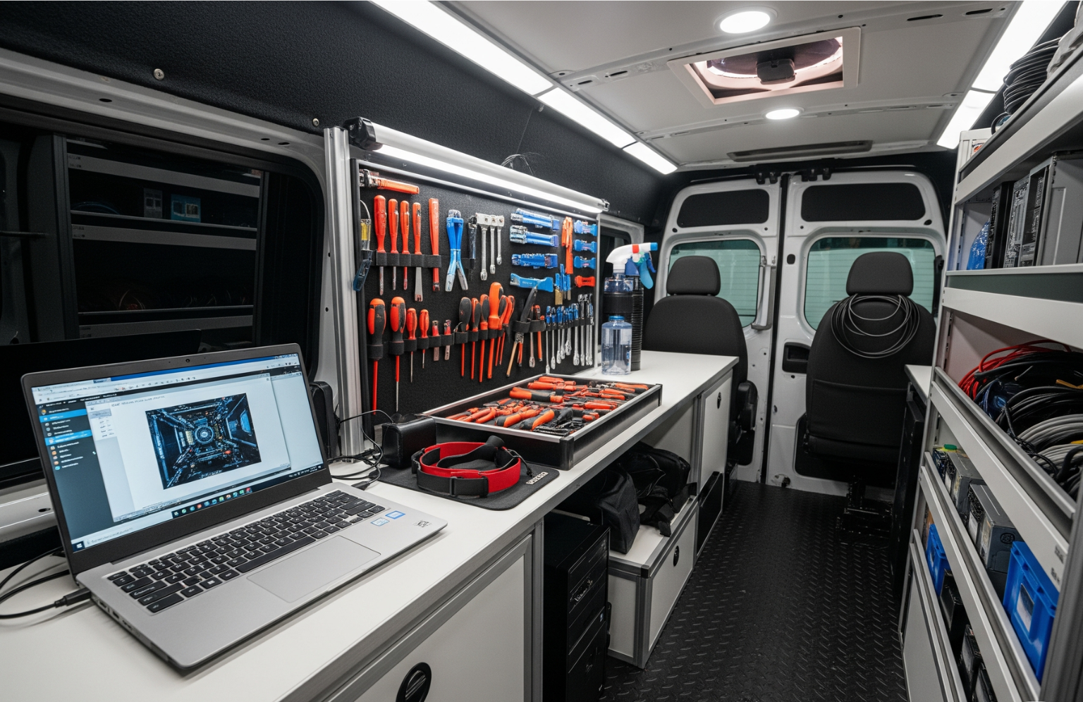 Inside a mobile workshop with a laptop, workbench and organized tools